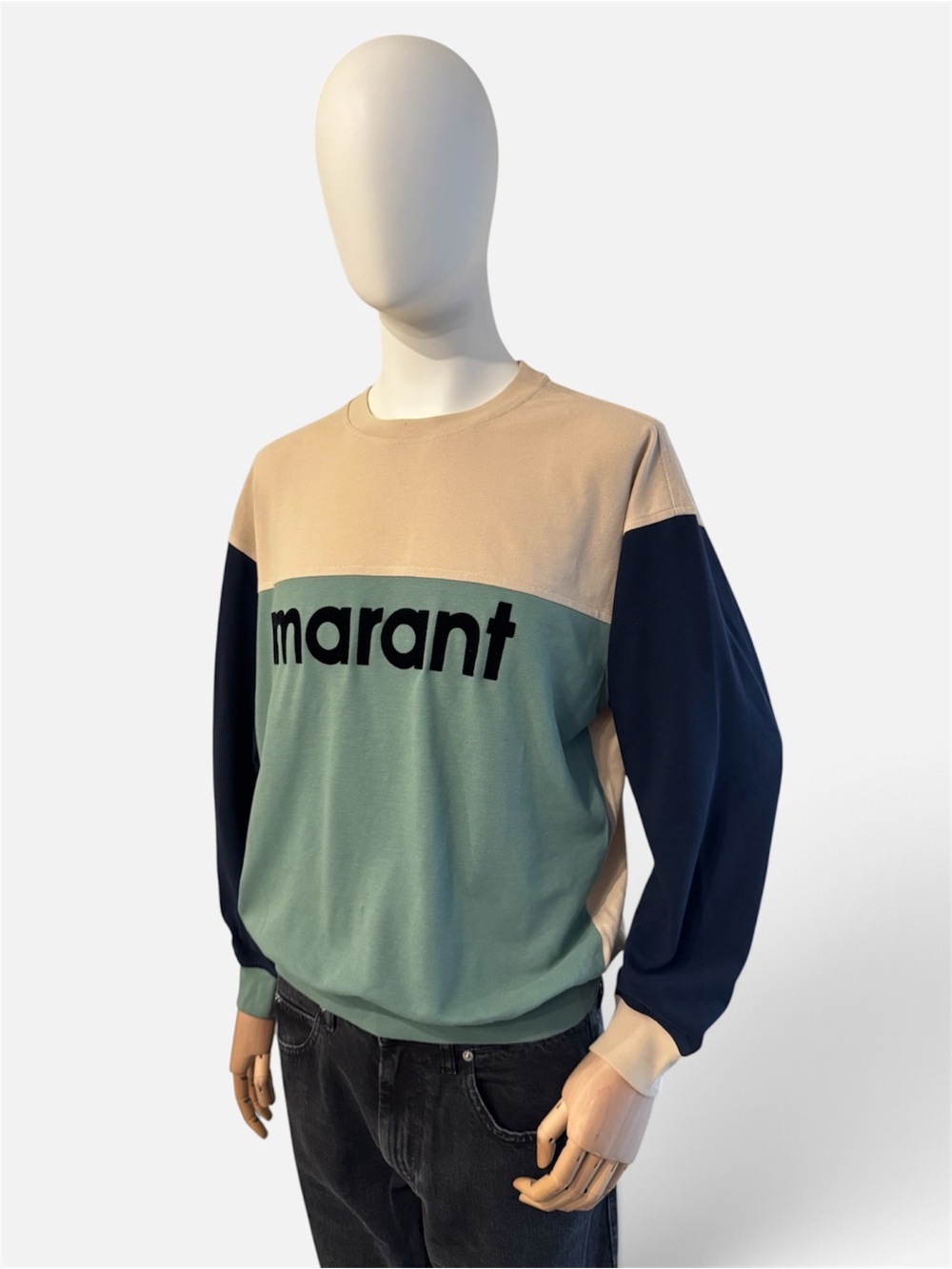 Isabel Marant Beige, Sage & Navy Logo Colorblock Crewneck - Picture 1 of 8